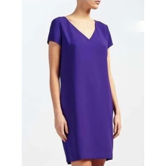 Lauren Ralph Lauren Purple Crepe Short Sleeve V Neck Shift Mini Dress, 6